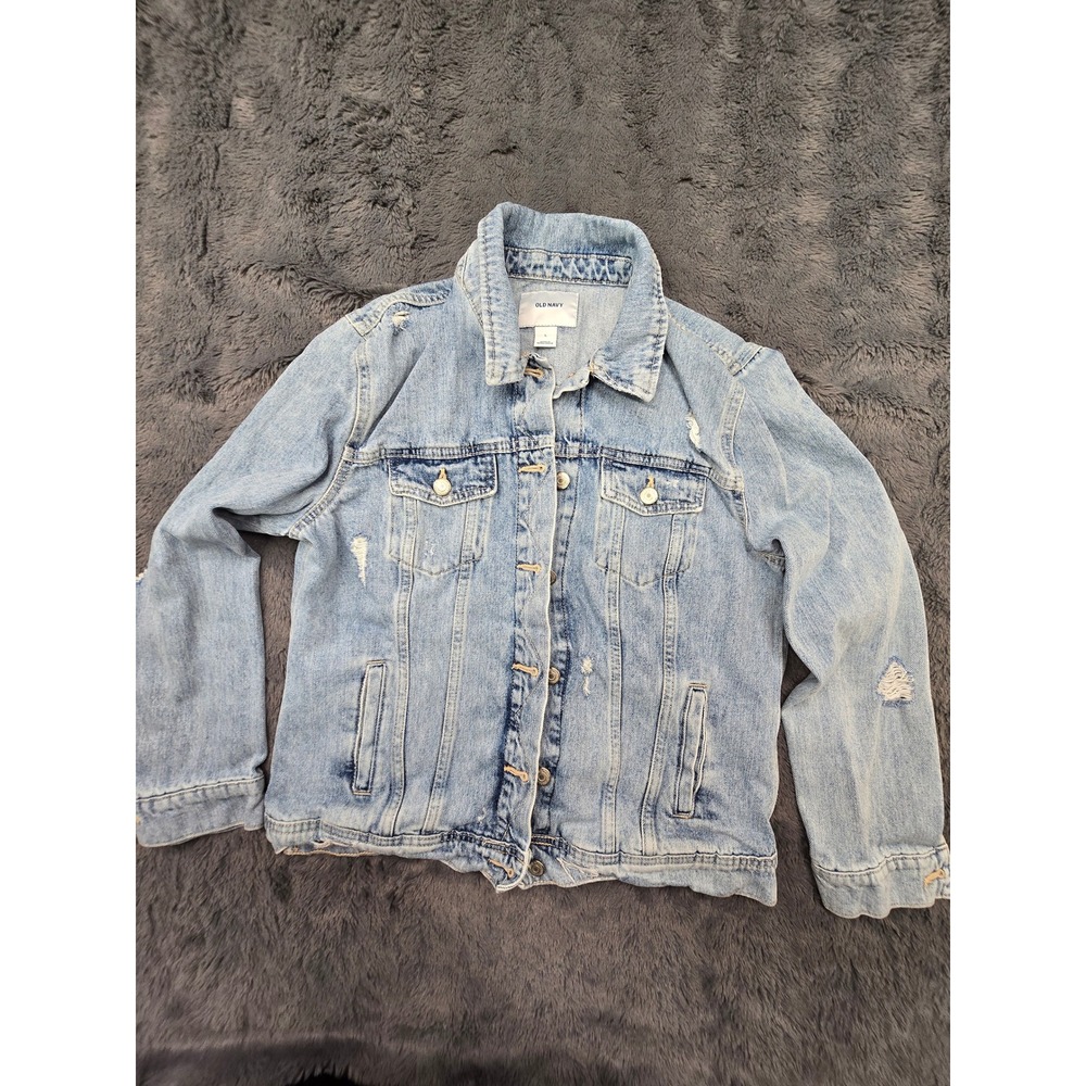 Old Navy Womens Distressed Denim Jacket Light Wash Blue Jean Trucker Large 0359
